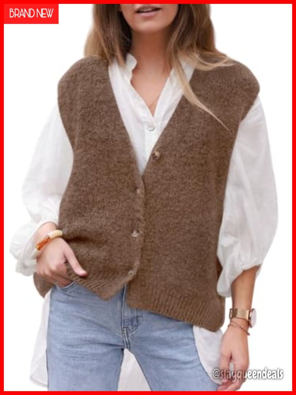 Sleeveless Button Down Sweater Vest V Neck Knit Layering Top